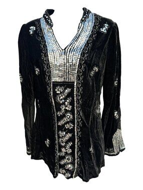 Black velvet goth hippie embroidered sequin top